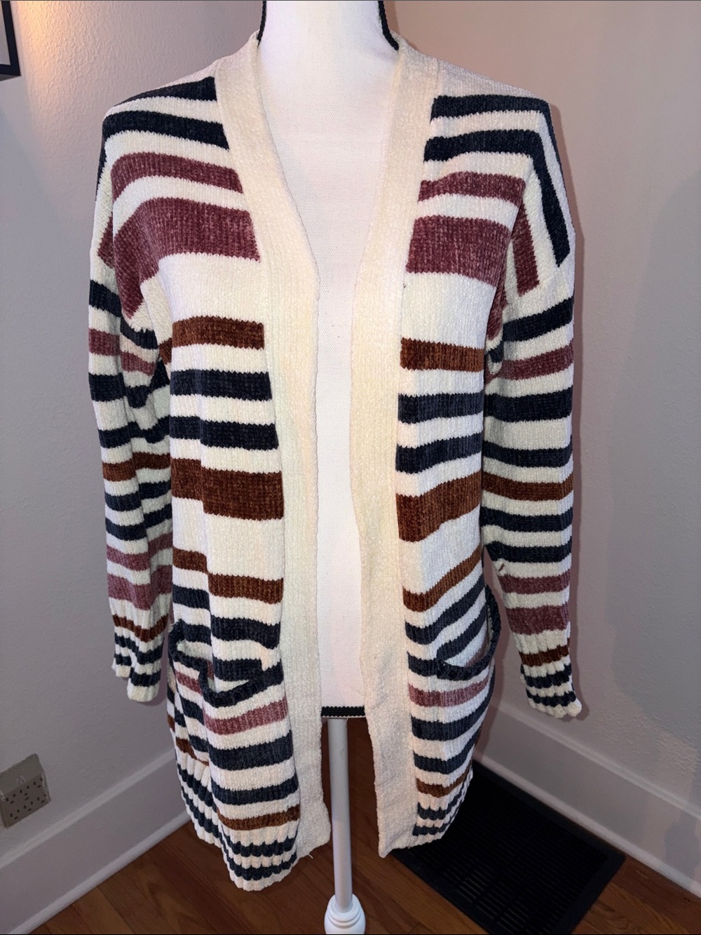 Maurices Tenille Cardigan Sweater Size Small Ivory, Blue, Brown, Mauve Stripe